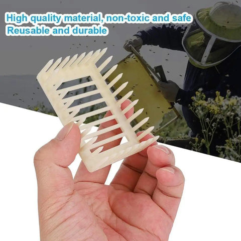 Close-up of Beekeeping Queen Marker Cage Kit 20 Pack Clip Bee Catcher held in hand, durable plastic material for apiary management.