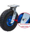 Beefed Up Heavy Duty Industrial Caster Wheels With Top Plate Swivel And Air Filled Rubber Casters Side Brakes, close-up of single blue caster with steel plate