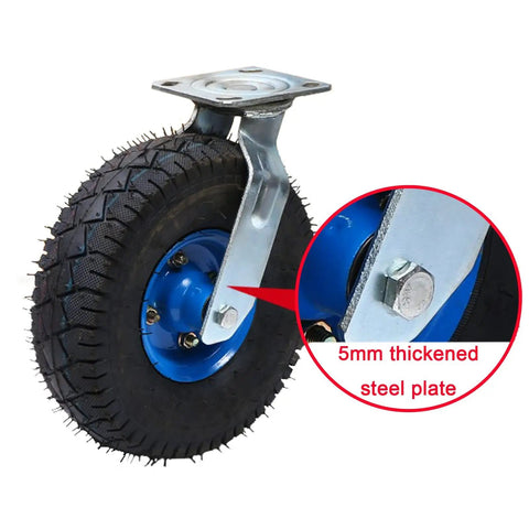 Beefed Up Heavy Duty Industrial Caster Wheels With Top Plate Swivel And Air Filled Rubber Casters Side Brakes, close-up of single blue caster with steel plate