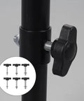 Dang Dependable M4 M5 M6 Tee Wing Bolt Knob Set for Rock Solid Tablet Stands and Camera Tripods showing black thumb screws on tripod.