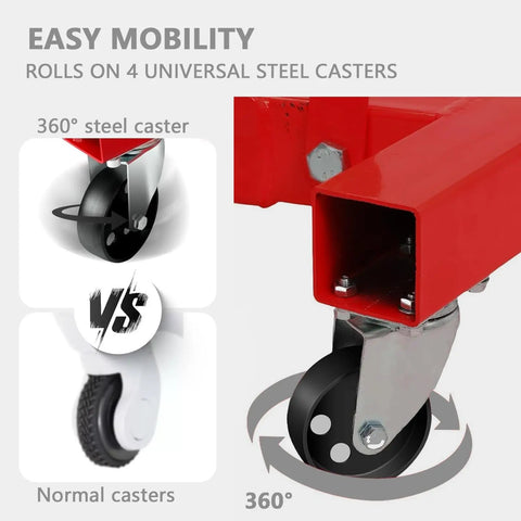 Heavy Duty Two Ton Folding Engine Hoist With Six Swivel Caster Wheels and Precision Leveler showing 360° steel caster for easy mobility.