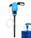 No Sweat Manual Lever Drum Pump For 55 Gallon Barrels Heavy Duty Workhorse with blue handle and hose attached to a drum.