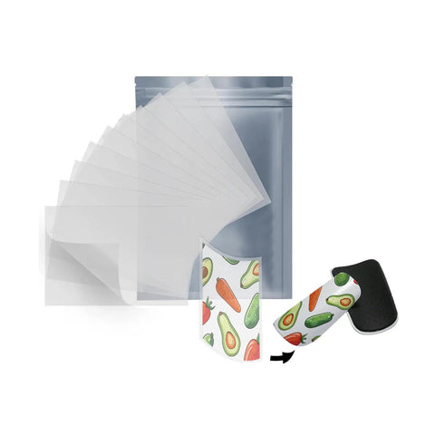 A stack of Pro Grade A4 PET Sublimation Film 8.3 by 11.7 inches with avocado prints, showing packaging and transfer detail.