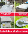 Four images showing Five Pack Thickened Aluminum Reflective Insulation Film For Beehives Waterproof Moisture Proof Sunshade Cooler Pad Beekeeping Equipment Heavy Duty Reflective Shield And Heat Barrier used on beehives.