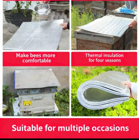 Four images showing Five Pack Thickened Aluminum Reflective Insulation Film For Beehives Waterproof Moisture Proof Sunshade Cooler Pad Beekeeping Equipment Heavy Duty Reflective Shield And Heat Barrier used on beehives.
