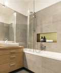 Modern bathroom with Brushed Gold Shower Niche Stainless Steel Recessed Shelf Waterproof Organizer for Shampoo and Toiletries.