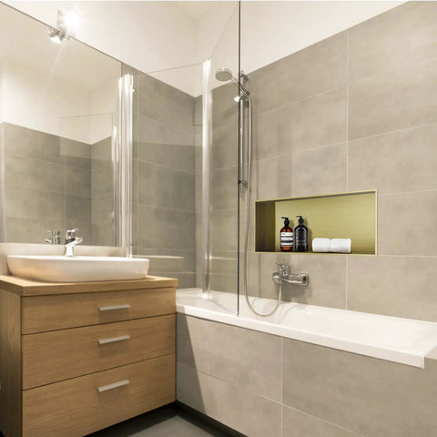 Modern bathroom with Brushed Gold Shower Niche Stainless Steel Recessed Shelf Waterproof Organizer for Shampoo and Toiletries.