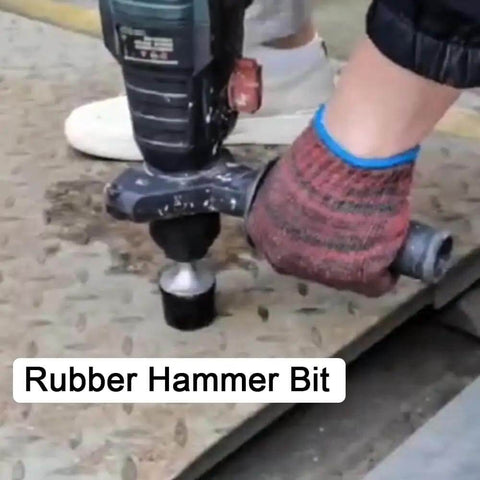 Person using electric hammer with Beefy Pro Grade Heavy Duty Rubber Hammer Heads for leveling sheet metal, SDS Plus Shank Tool Accessory.