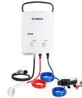 Portable Propane Water Heater And Pump Kit For Off Grid Camping And RVs, Instant Hot Water With Tankless Gas Shower System, 1.32 GPM, Includes 12V Pump, Long Power Cables And Extension Hoses, AY132P43 White