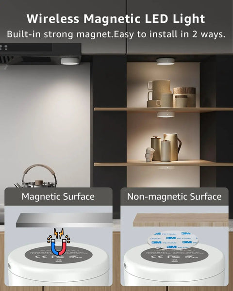 Rechargeable Motion Sensor Puck Lights 4 Pack RGB Under Cabinet Lighting with non-magnetic and magnetic mounting options.