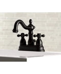 Heritage Matte Black Four Inch Centerset Bathroom Faucet Built To Last With Solid Brass Build, Duraseal Washerless Cartridge on sink