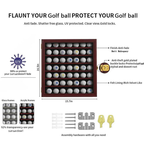 Lockable Golf Ball Display Case Holds 49 Balls With Real Glass Door For Wall Mount Mahogany Finish Sturdy Solid Wood Golf Ball Rack Cabinet Great Gift For Golf Enthusiasts with accessories
