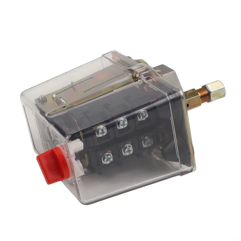 Three Phase Air Compressor Pressure Switch Controller For 380V And 400V Systems, Automatic Rocker Switch With Adjustable 5 To 8 Bar Range, 3 Wire Connection, Built For Heavy Duty Industrial Use, Tough As Nails Performance. Transparent pressure switch controller with red reset button and screw terminals