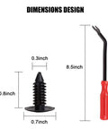 Universal Golf Cart Fastener Push Rivets Set 100 Piece Xmas Tree Clips dimensions showing rivet and removal tool