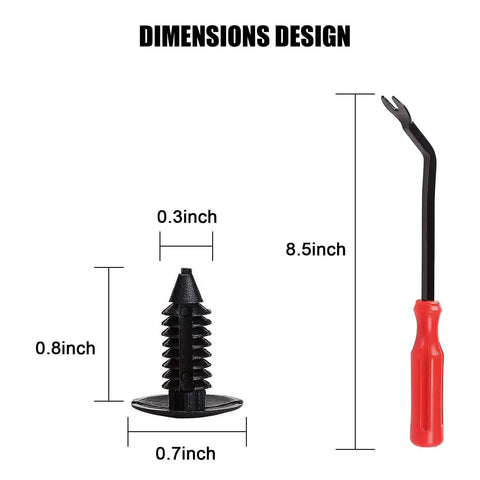 Universal Golf Cart Fastener Push Rivets Set 100 Piece Xmas Tree Clips dimensions showing rivet and removal tool