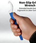 Hand holding Extended Handle Heavy Duty Steel Galvanized Beer Tap Wrench for Draft Systems with blue non-slip grip.