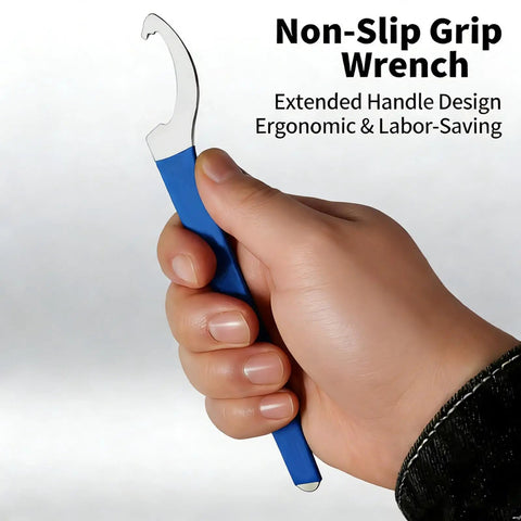 Hand holding Extended Handle Heavy Duty Steel Galvanized Beer Tap Wrench for Draft Systems with blue non-slip grip.