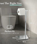 Freestanding Toilet Paper Holder Stand With Weighted Base In Modern Rectangle Chrome Finish next to a toilet for bathroom vanity
