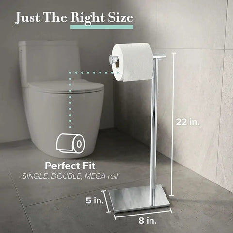Freestanding Toilet Paper Holder Stand With Weighted Base In Modern Rectangle Chrome Finish next to a toilet for bathroom vanity