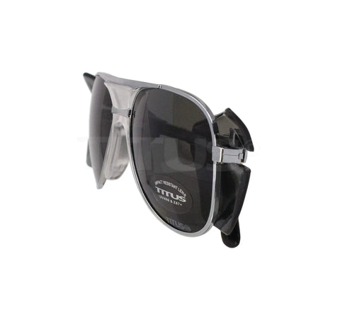 Top Shelf Aviator Safety Glasses Metal Frame ANSI Z87 DOT Approved For Motorcycles with dark lenses and side shields.