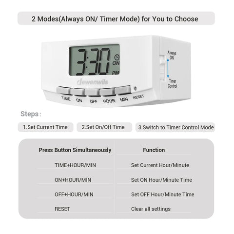 Two Pack 24 Hour Timer Outlet for Indoor Lights and Appliances, 125V 15A 1000W, Polarized Left Outlet Always On, Right Side Timer Control, Daily Repeat Programming, UL Listed, Great for Lamps, Heaters, Fans, Aquariums
