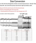 Beefy Stainless Steel 1/4 Inch Hose Barb to 1/8 Inch NPT Male Thread Hex Adapter Fitting showing size conversion chart