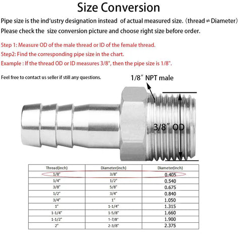 Beefy Stainless Steel 1/4 Inch Hose Barb to 1/8 Inch NPT Male Thread Hex Adapter Fitting showing size conversion chart