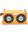 Front view of orange Hydraulic Air Cooler Plate Heat Exchanger For Oil Tank Cooling 24V Oil Radiator with dual fans.