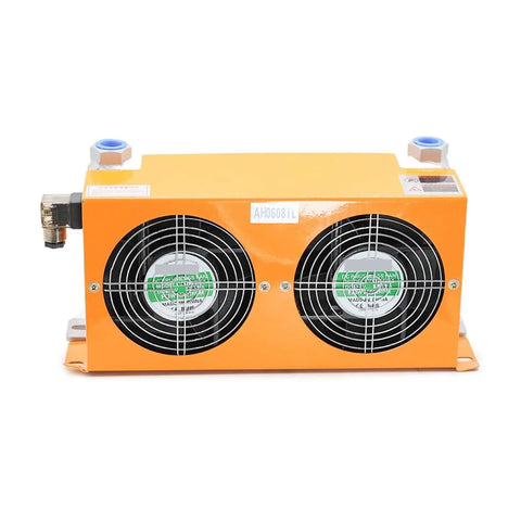 Front view of orange Hydraulic Air Cooler Plate Heat Exchanger For Oil Tank Cooling 24V Oil Radiator with dual fans.