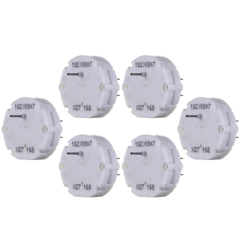 Set Of Six Premium Stepper Motors To Slick Up Your Instrument Panel Gauges Squash Jitter Fix Dead Speedometer Tachometer And Temp Needles Street Tested Quality X27 168 in white plastic, showing five motors with pins.