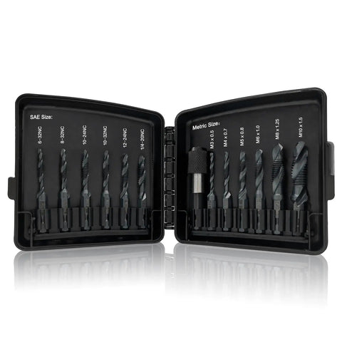 Open case displaying Drill And Tap Bits Set Of Thirteen Pieces Three In One With Quick Change Adapter, SAE and Metric sizes visible