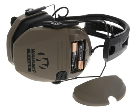Side view of Razor Tacti-Grip Earmuffs showing battery compartment, flat dark earth finish, slip-free silicone headband.