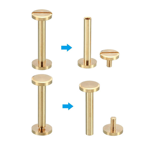 25 Set Solid Brass Chicago Screws M4X30mm Slotted Binding Post Bolts displaying different views and configurations for leather craft.