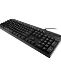 Full Size Mechanical Gaming Keyboard With Snappy Romer G Switches And Fire Multicolor Rgb Backlighting, angled view, black keys.