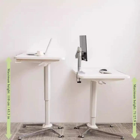 No Sweat Adjustable Height Rolling Drafting Desk With Flip Top And Book Stop Lightweight White Mobile Workstation showing height adjustments.