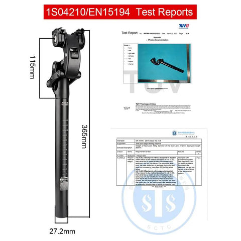 Suspension Seatpost With Six Diameter Options 27.2mm 365mm length with test reports and measurements displayed