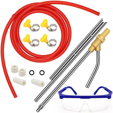 Pressure Washer Wet Sandblasting Kit 5000 PSI With Quick Disconnect 1/4 Inch, includes red hose, metal wand, goggles, and nozzles.