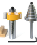 Knockout Quality 1/2 Inch Shank Rabbet Router Bit Set With Six Interchangeable Depth Bearings and Precision Carbide Cutters displayed with a wooden block.