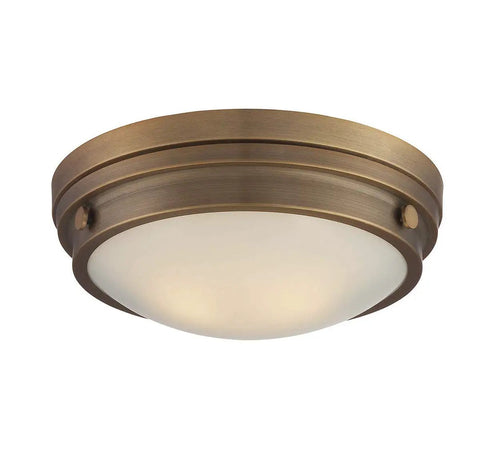Lucerne Industrial Flush Mount Ceiling Light With White Glass Shades Two Light 120 Total Watts Warm Brass Finish