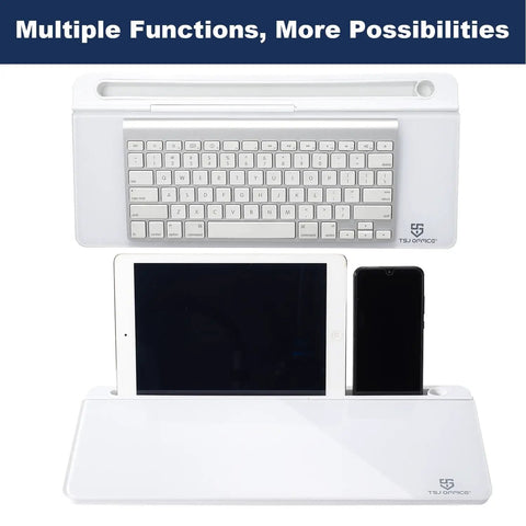 Top view of Compact Glass Dry Erase Whiteboard with Built In Keyboard Stand and Drawer, showcasing desk organizer capabilities.