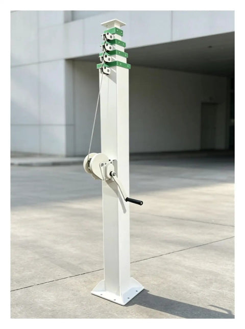 9 Meter Telescopic Mast With Double Steel Cable Hand Winch Manual Pump Hoist for Signal Antennas and Outdoor Lights, showing winch mechanism.