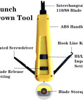 Punchdown tool from Pro Network Tool Kit with RJ45 Crimp Tool. Yellow ABS handle, 110/88 blade, impact settings, blade storage and screwdriver.