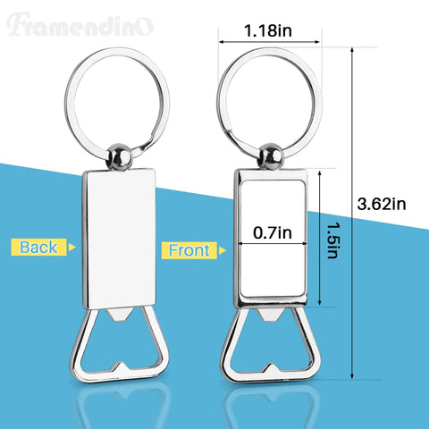 Front and back view of 10 Pack Sublimation Blanks Keychains Aluminum Bottle Opener Transfer Key Rings for Custom DIY Gifts