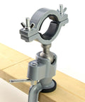 Sturdy Aluminum Alloy Bench Vise Clamp With Breezy 360 Spin And Quick 45 Degree Tilt, close-up of locking mechanism on wood.