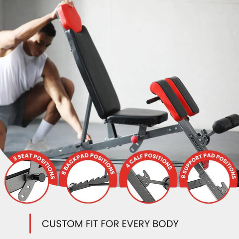 Man adjusting All-In-One Weight Bench For Full-Body Home Gym With Hyper Back Extension, Roman Chair, Adjustable Sit-Up Bench