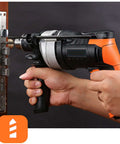 Badass Heavy Duty Cordless Percussion Drill Featuring Lightning Fast Variable Speed Trigger And Rigid Metal Chuck For Tough Masonry Brick Concrete And Pro Series Impact Drilling Tasks in use on door hardware.