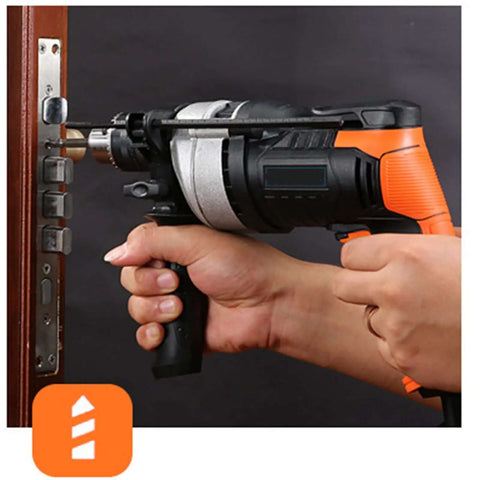 Badass Heavy Duty Cordless Percussion Drill Featuring Lightning Fast Variable Speed Trigger And Rigid Metal Chuck For Tough Masonry Brick Concrete And Pro Series Impact Drilling Tasks in use on door hardware.