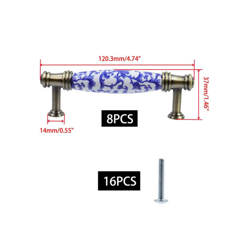 Vintage Blue Floral Ceramic Cabinet Pulls With Bronze Base Set Of 8 3.78 Inch Center Hole Drawer Handles For Kitchen Cabinets Doors Wardrobe And Bathroom with included screws and measurements of the pull.