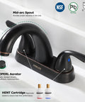 Two-Handle Bathroom Sink Faucet With Oil Rubbed Bronze Finish, Lead-Free Deck Mounted, shown with spout and dual lever details