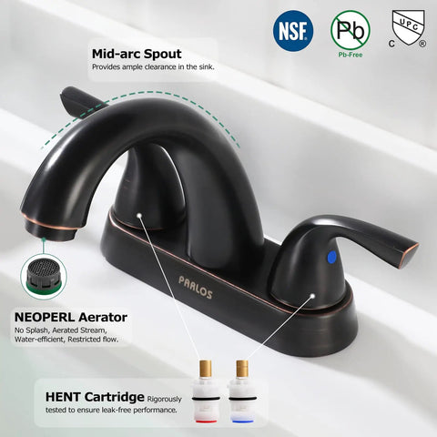 Two-Handle Bathroom Sink Faucet With Oil Rubbed Bronze Finish, Lead-Free Deck Mounted, shown with spout and dual lever details